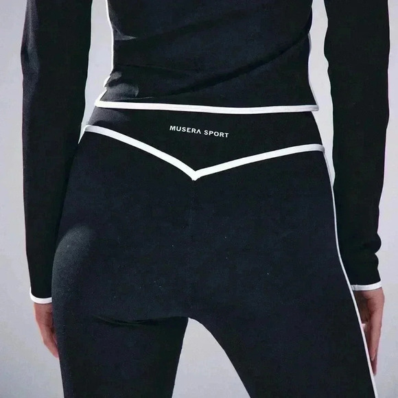 Black And White Women's Contrast Piping High Waist Leggings - Picture 5 of 5